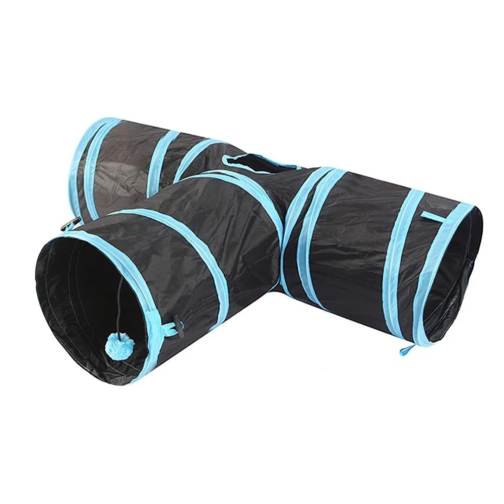 For Cats Dogs Rabbits Pets Home Indoor 3-way Play Collapsible Tunnel Toy - Blue - 2