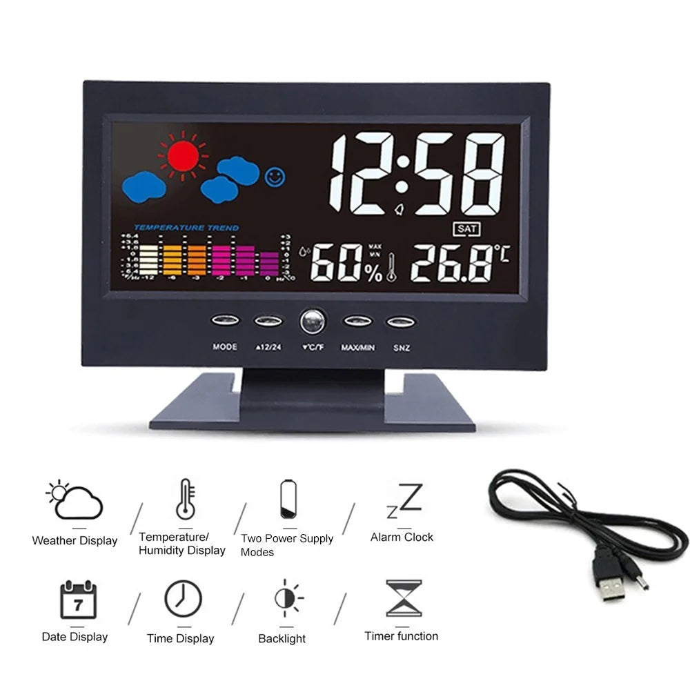 Multi-functional Alarm Clock Backlight LCD Screen Digital Clock with Time/Date/Week/Temperature/Humidity/Weather Display - 1