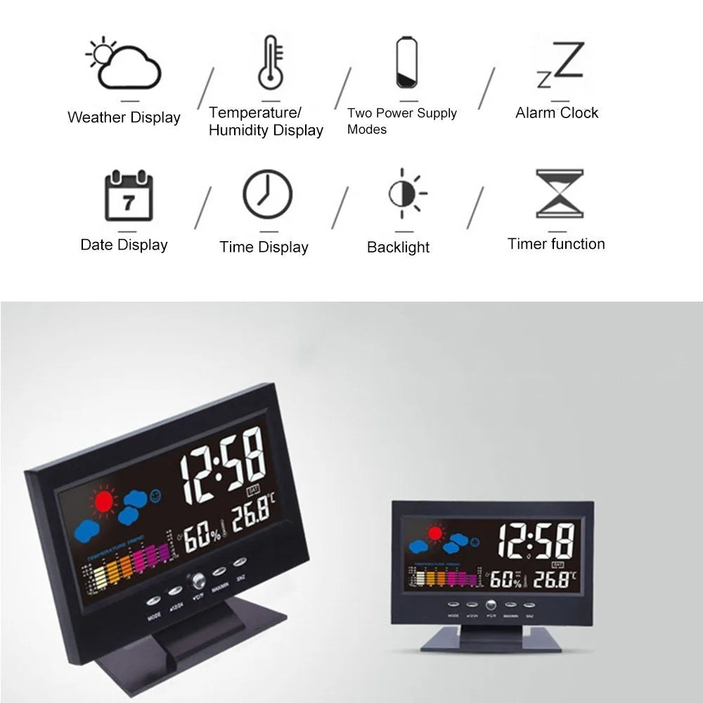 Multi-functional Alarm Clock Backlight LCD Screen Digital Clock with Time/Date/Week/Temperature/Humidity/Weather Display - 4