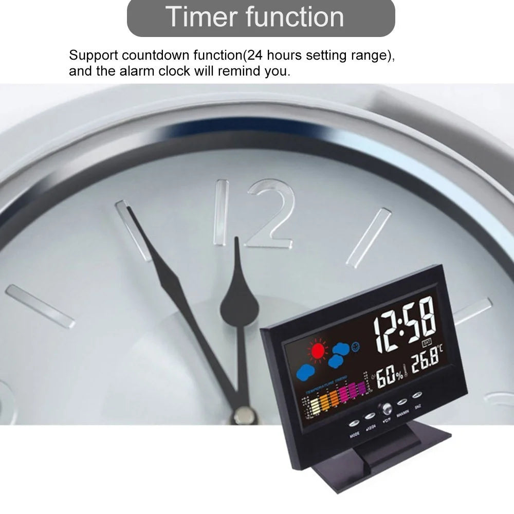 Multi-functional Alarm Clock Backlight LCD Screen Digital Clock with Time/Date/Week/Temperature/Humidity/Weather Display - 5