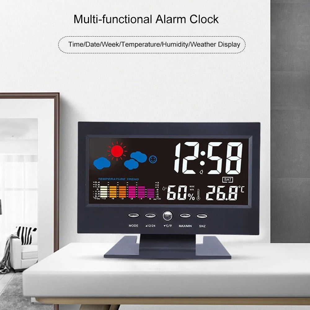 Multi-functional Alarm Clock Backlight LCD Screen Digital Clock with Time/Date/Week/Temperature/Humidity/Weather Display - 6