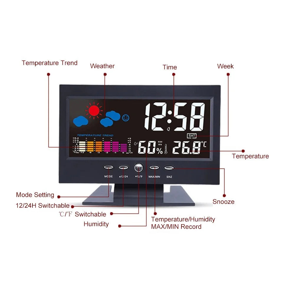 Multi-functional Alarm Clock Backlight LCD Screen Digital Clock with Time/Date/Week/Temperature/Humidity/Weather Display - 7
