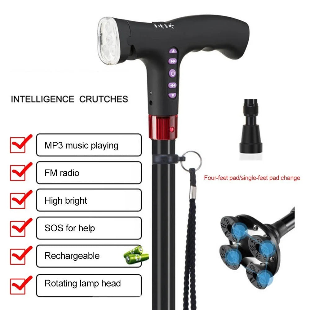 Elderly Adjustable L-ED Walking Cane FM Radio MP3 Smart Safety Fall Alarm Walking Stick - 2