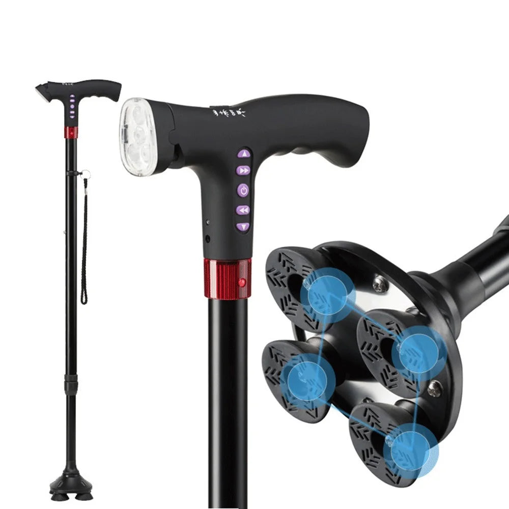 Elderly Adjustable L-ED Walking Cane FM Radio MP3 Smart Safety Fall Alarm Walking Stick - 3