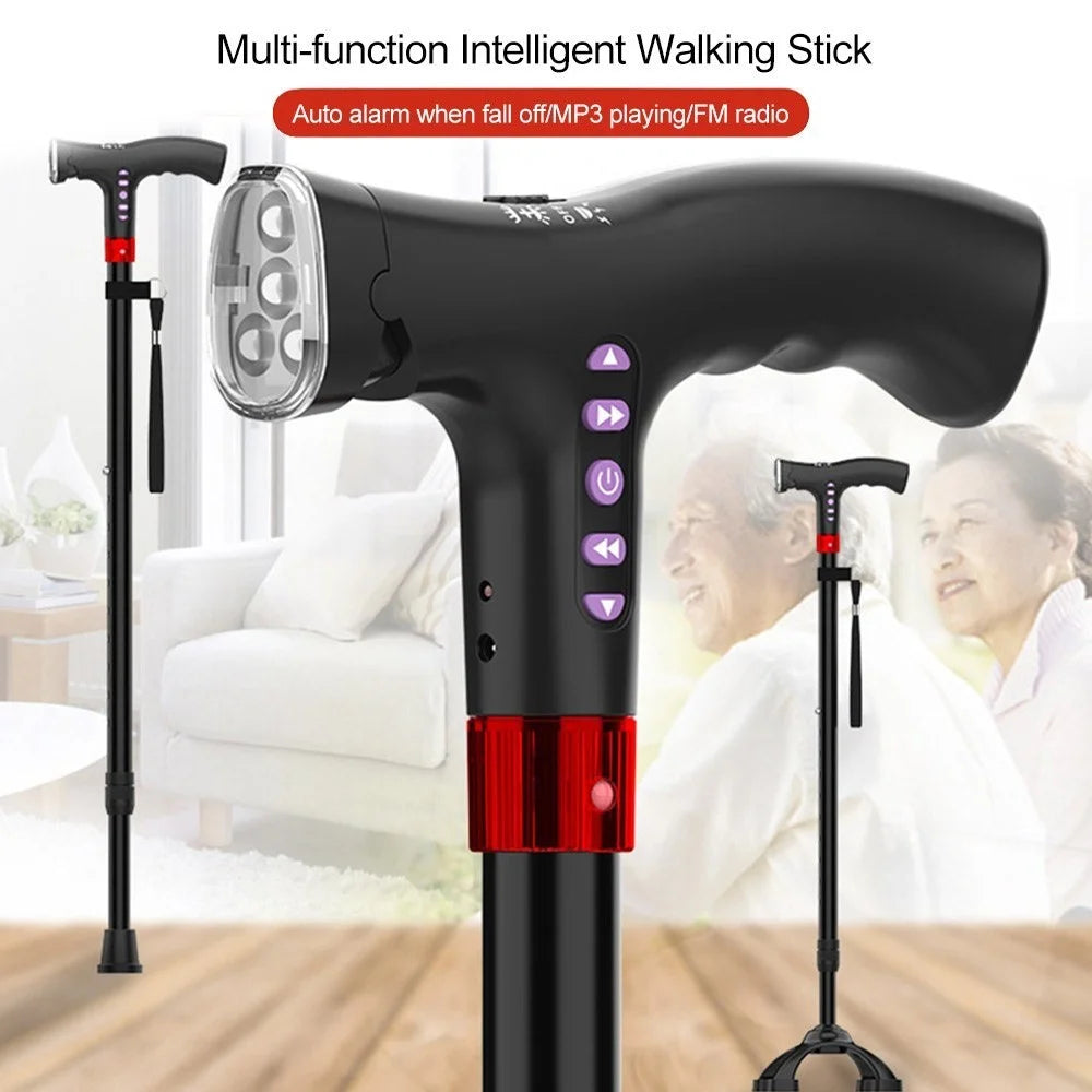 Elderly Adjustable L-ED Walking Cane FM Radio MP3 Smart Safety Fall Alarm Walking Stick - 5