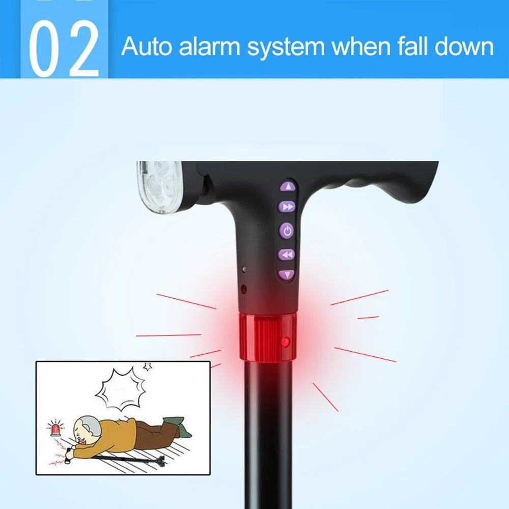 Elderly Adjustable L-ED Walking Cane FM Radio MP3 Smart Safety Fall Alarm Walking Stick - 6