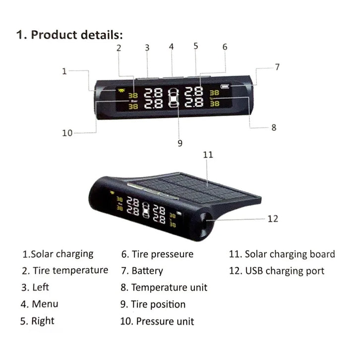 Solar TPMS Wireless Car Tire Pressure  Monitoring System with 4 External Sensors - 6