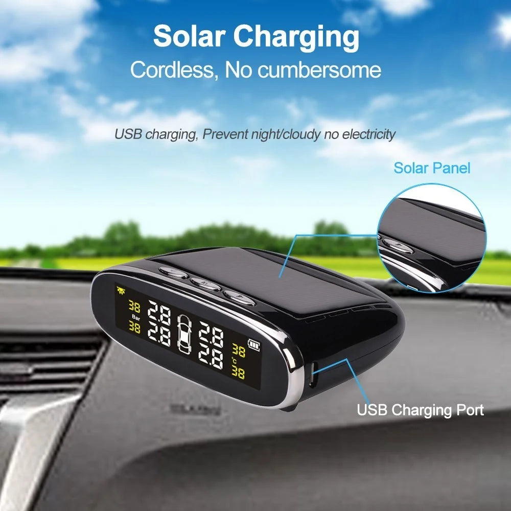 Car TPMS Tire Pressure Digital Solar Energy Monitoring System Auto Security Tire Pressure Alarm Systems LCD Display with 4 Internal Sensors - 4