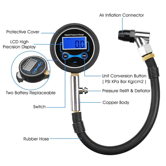 4 Units Switchable Digital LCD Tyre Tire Air Pump Pressure Gauge Tester - 7