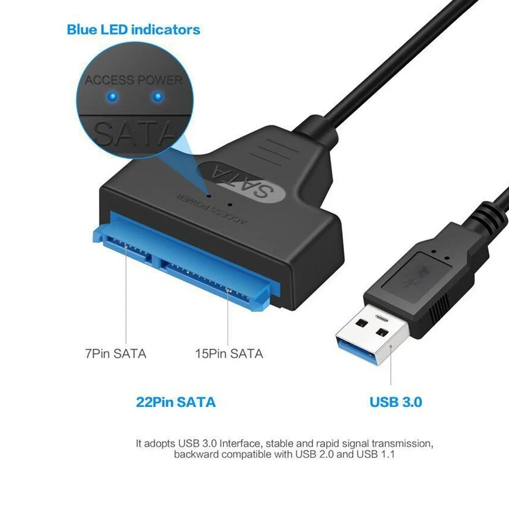 USB 3.0 to SATA III Hard Drive Adapter Cable with LED Light Computer Hard Driver Connection Cable for 2.5in SSD & HDD - 3