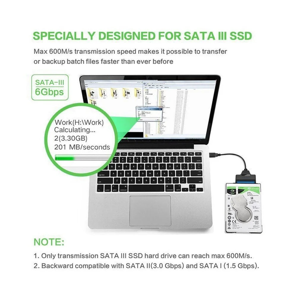USB 3.0 to SATA III Hard Drive Adapter Cable with LED Light Computer Hard Driver Connection Cable for 2.5in SSD & HDD - 4