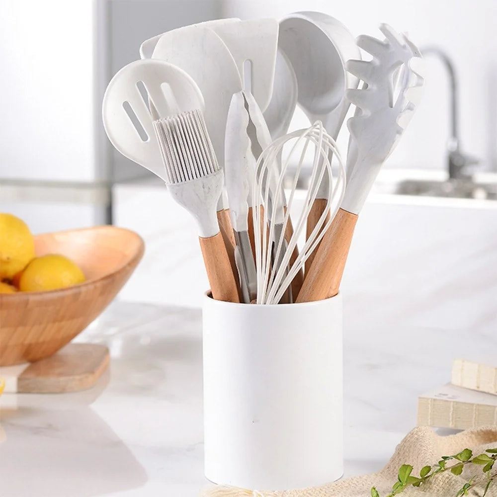 11PCS Silicone Cooking Utensil Set Non-stick Kitchen Utensils with Wooden Handle - 1