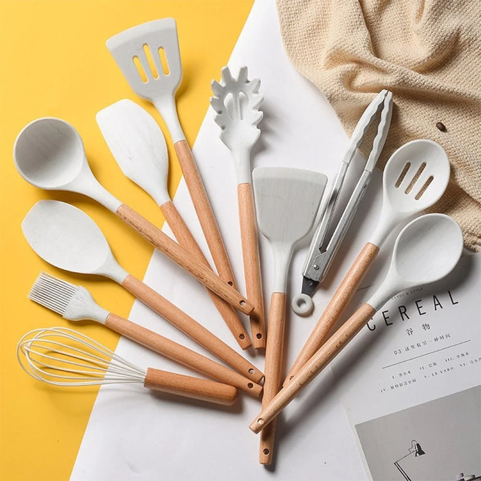 11PCS Silicone Cooking Utensil Set Non-stick Kitchen Utensils with Wooden Handle - 2