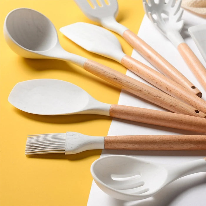 11PCS Silicone Cooking Utensil Set Non-stick Kitchen Utensils with Wooden Handle - 5