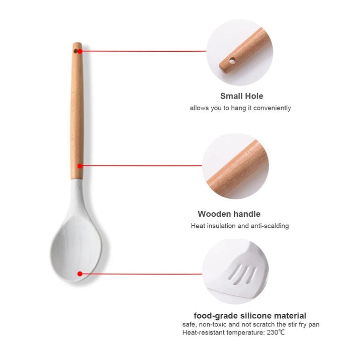 11PCS Silicone Cooking Utensil Set Non-stick Kitchen Utensils with Wooden Handle - 6