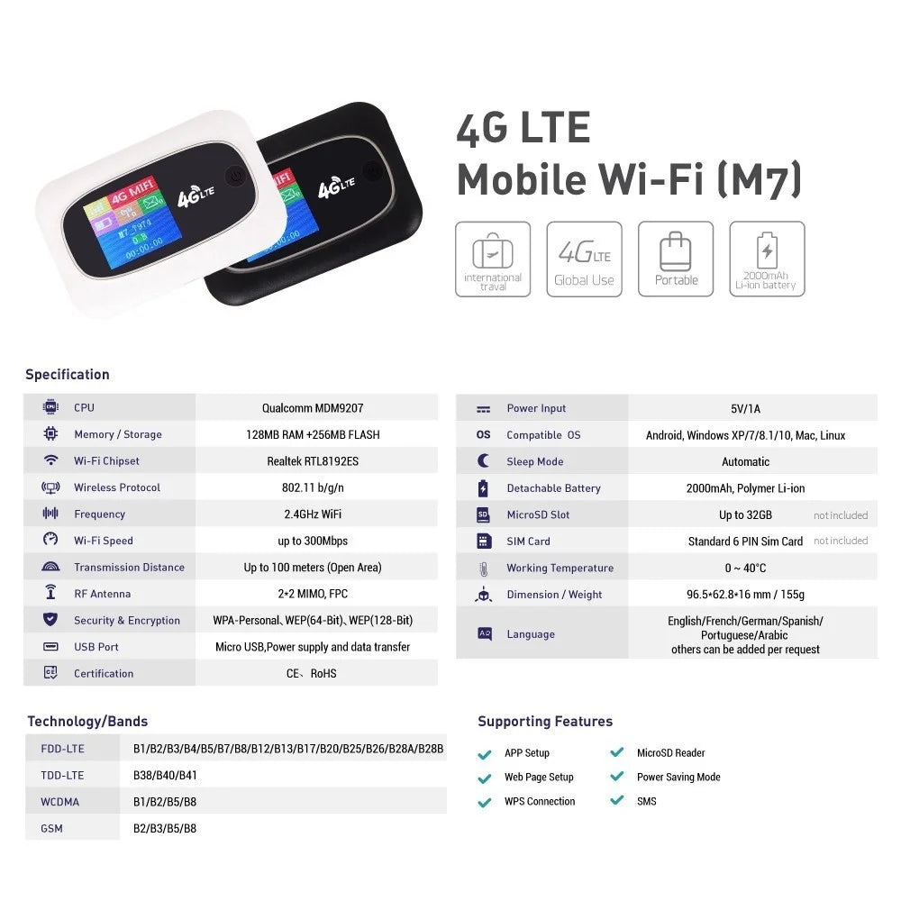 4G LTE CAT4 150Mbps Mobile WiFi Portable Hotspot Portable WiFi Wireless Wifi Router Portable Router with SIM Card Slot - Black - 2
