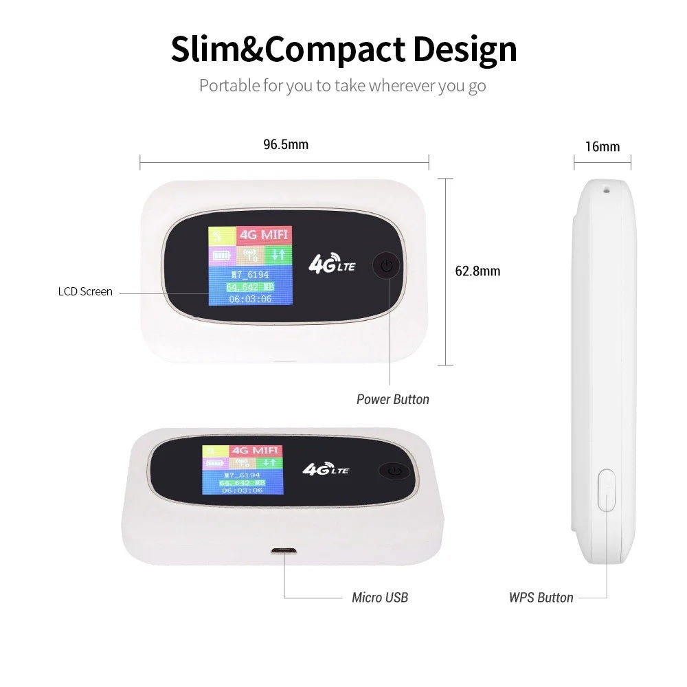 4G LTE CAT4 150Mbps Mobile WiFi Portable Hotspot Portable WiFi Wireless Wifi Router Portable Router with SIM Card Slot - Black - 6