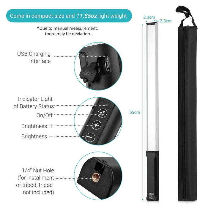 LIYADI RGB Handheld LED Light Wand Rechargeable Photography Light Stick 10 Lighting Modes 12 Brightness Levels 1000 Lumens 3200-5600K Color Temperature with Portable Bag Hanging Loop Remote Control - 3