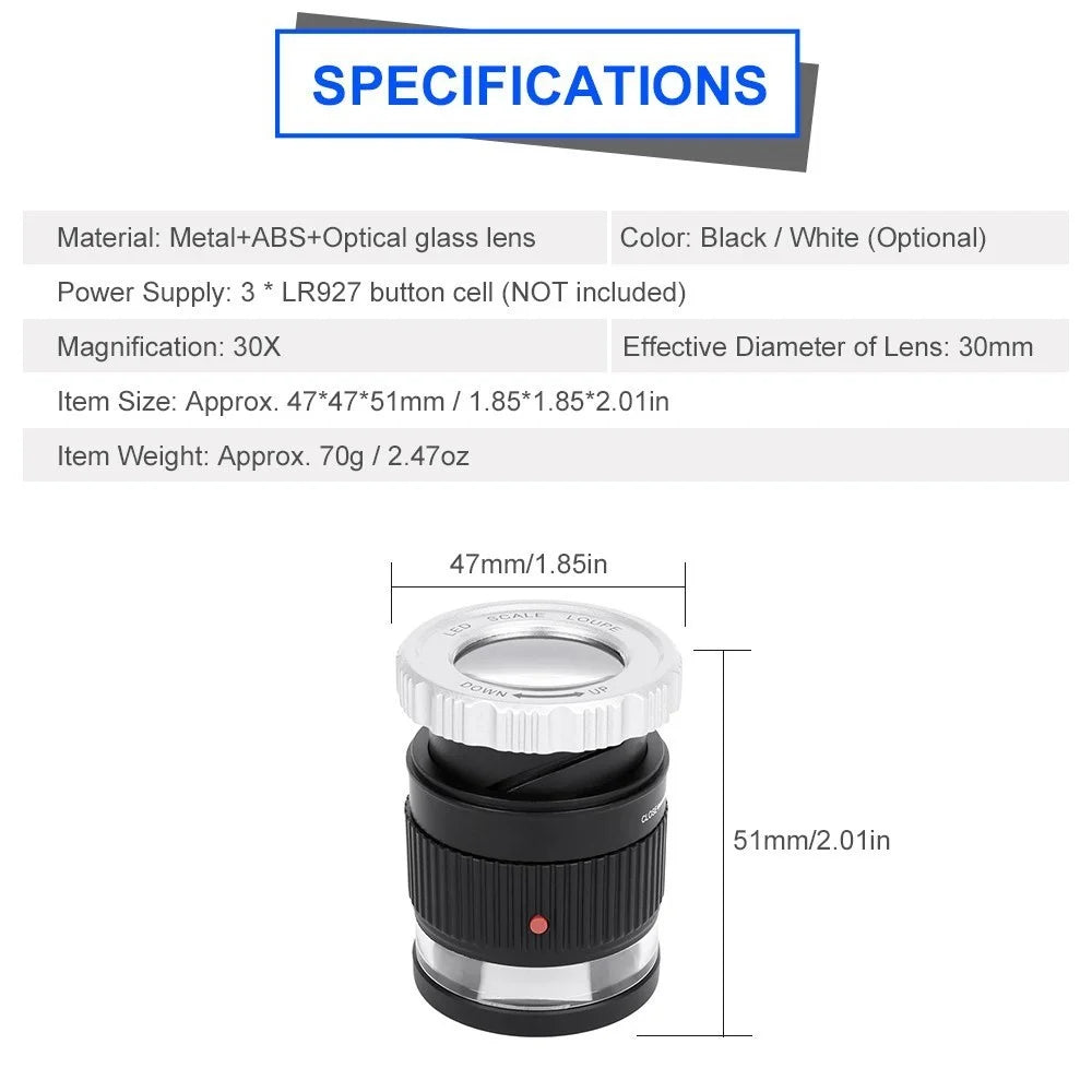 LED Scale Loupe 30X Adjustable Magnification Magnifier Metal Cylinder Type Mirror - Black - 4