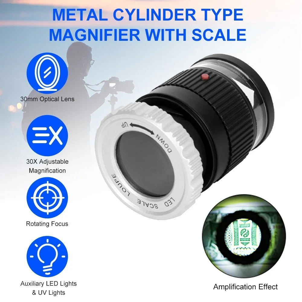LED Scale Loupe 30X Adjustable Magnification Magnifier Metal Cylinder Type Mirror - Black - 6