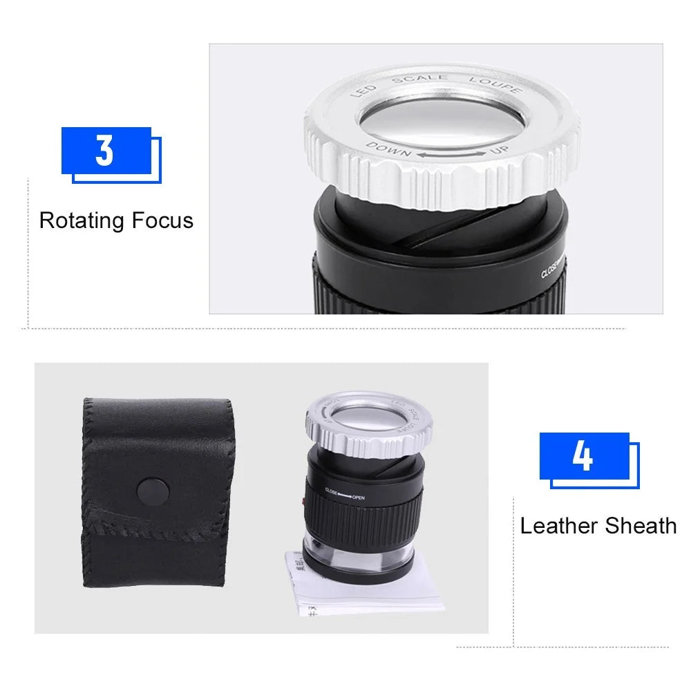 LED Scale Loupe 30X Adjustable Magnification Magnifier Metal Cylinder Type Mirror - Black - 7