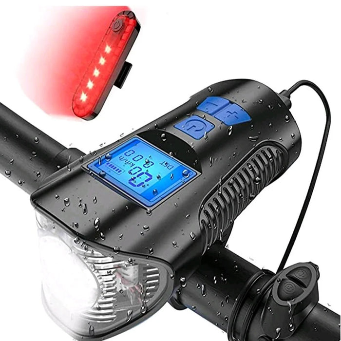 USB Rechargeable Bike Front Light Cycle Headlight with Bicycle LED Speedometer Odometer - Black - 6