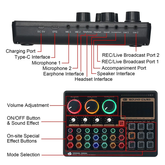 X6mini External Live Sound Card Mini Sound Mixer Board for Karaoke Singing Live Streaming Music Recording 7 Adjustable Buttons with 14 Special Effects BT Connection - Black - 6