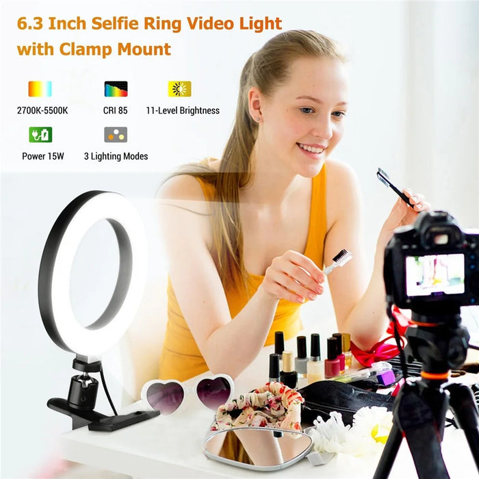 6.3 Inch 2700K-5500K Selfie Ring Video Light with Clamp Mount for Online Teaching Makeup Video Recording Live Steaming - 2