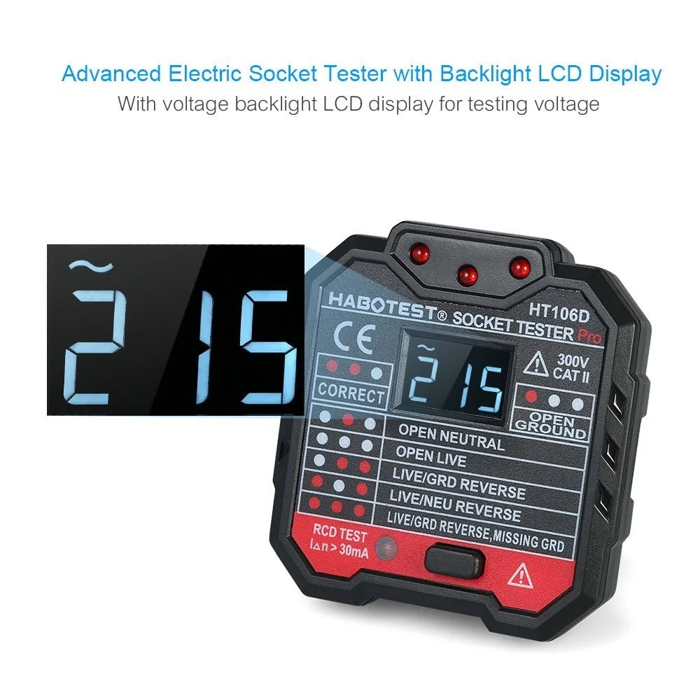 HABOTEST HT106D RCD Electric Socket Tester Automatic Neutral Live Earth Wire Circuit Polarity Detector Wall Plug Breaker Finder with Voltage Backlight LCD Display - EU Plug - 2