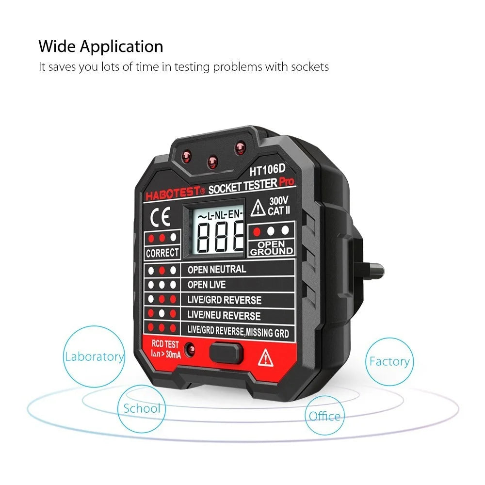 HABOTEST HT106D RCD Electric Socket Tester Automatic Neutral Live Earth Wire Circuit Polarity Detector Wall Plug Breaker Finder with Voltage Backlight LCD Display - EU Plug - 3
