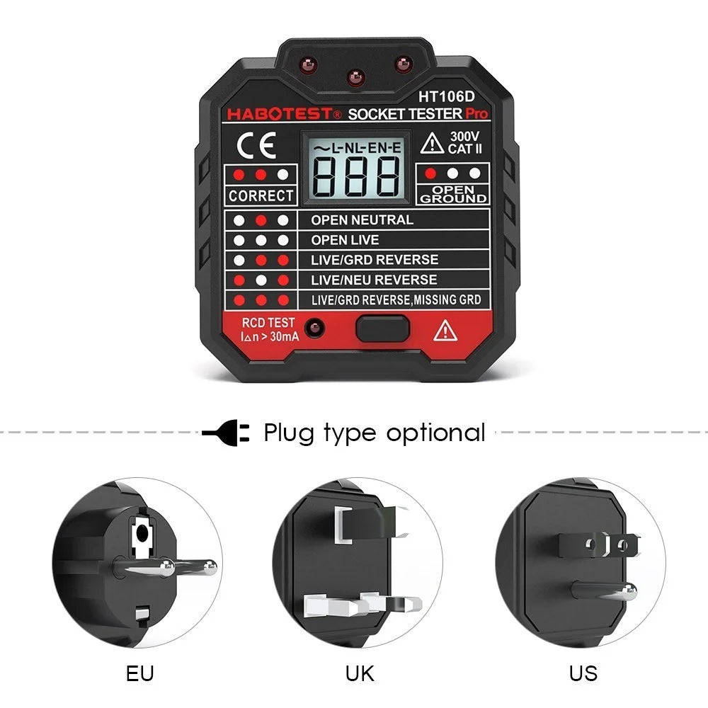 HABOTEST HT106D RCD Electric Socket Tester Automatic Neutral Live Earth Wire Circuit Polarity Detector Wall Plug Breaker Finder with Voltage Backlight LCD Display - EU Plug - 5