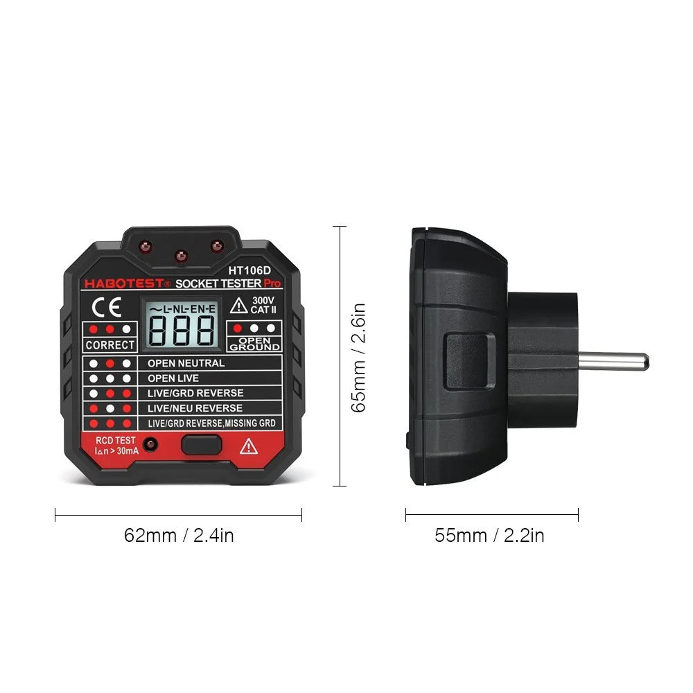 HABOTEST HT106D RCD Electric Socket Tester Automatic Neutral Live Earth Wire Circuit Polarity Detector Wall Plug Breaker Finder with Voltage Backlight LCD Display - EU Plug - 6