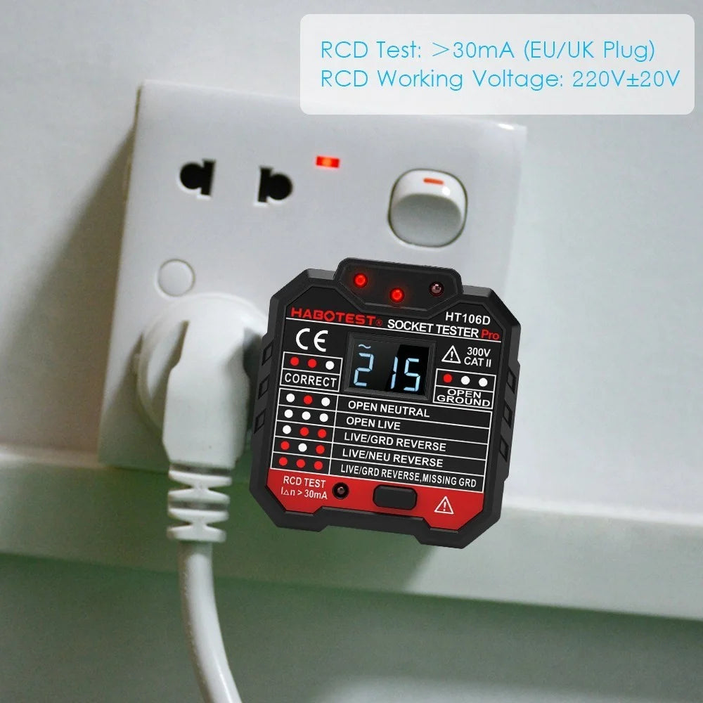 HABOTEST HT106D RCD Electric Socket Tester Automatic Neutral Live Earth Wire Circuit Polarity Detector Wall Plug Breaker Finder with Voltage Backlight LCD Display - EU Plug - 7