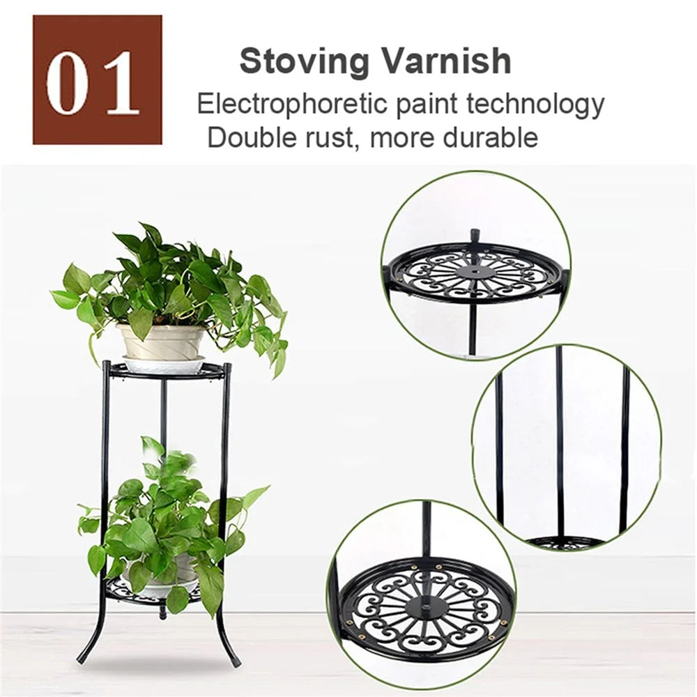Flower Display Shelf 2 Holder Metal Plant Pot Stand Garden Patio Home Outdoor - Black - 3
