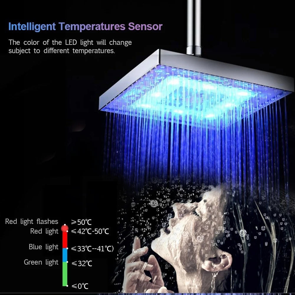 LED Rainfall Shower Head Square Shower Head Automatically RGB Color-Changing Temperature Sensor Showerhead for Bathroom - RGB Color - 3