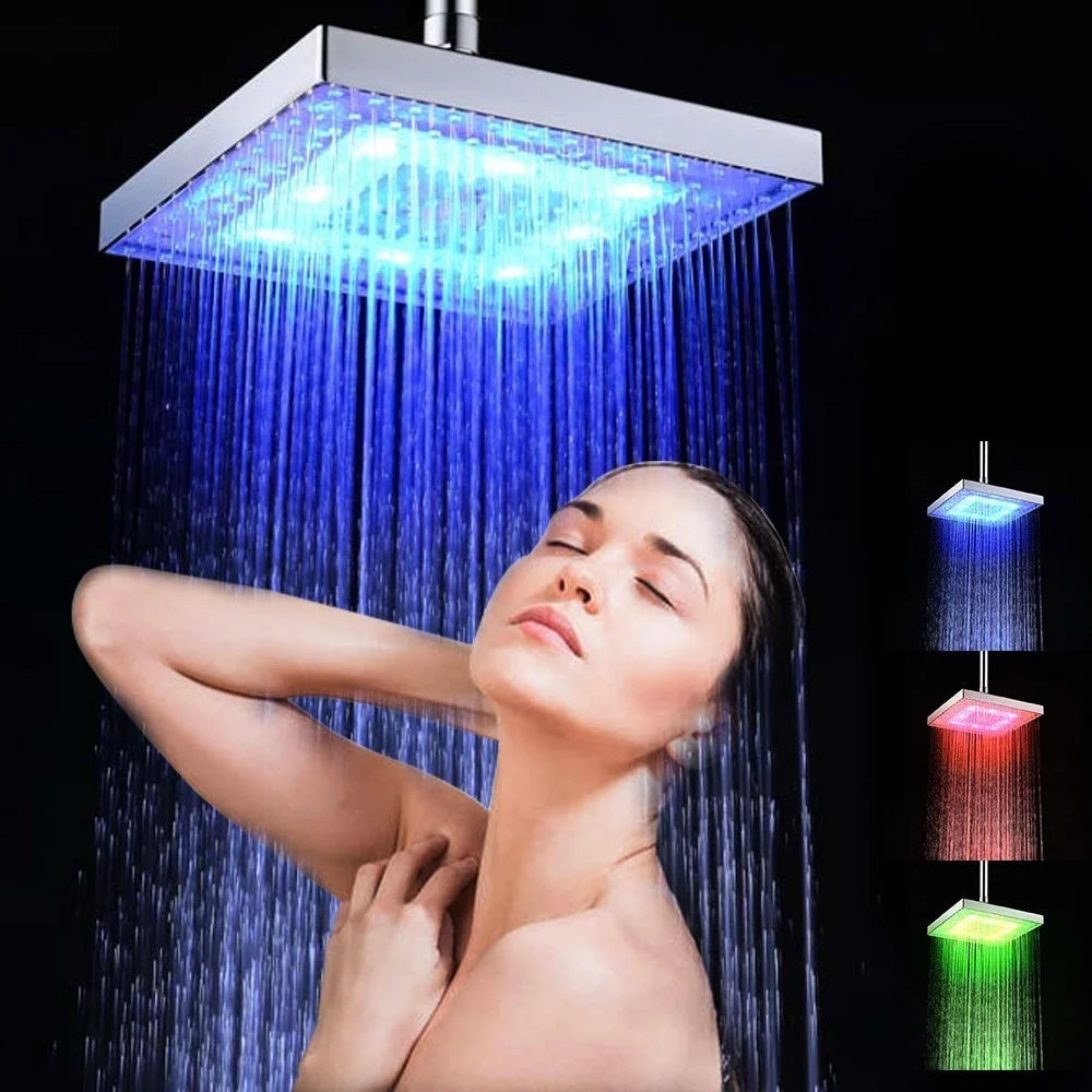 LED Rainfall Shower Head Square Shower Head Automatically RGB Color-Changing Temperature Sensor Showerhead for Bathroom - RGB Color - 4