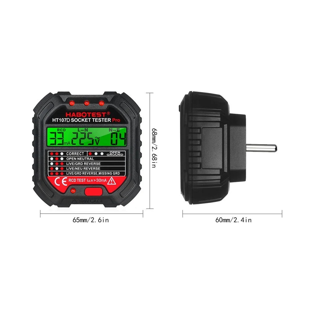HABOTEST GFCI HT107D Outlet Tester with Voltage Display 90-250V Socket Tester Automatic Electric Circuit Polarity Voltage Detector Breaker Finder - EU Plug - 4