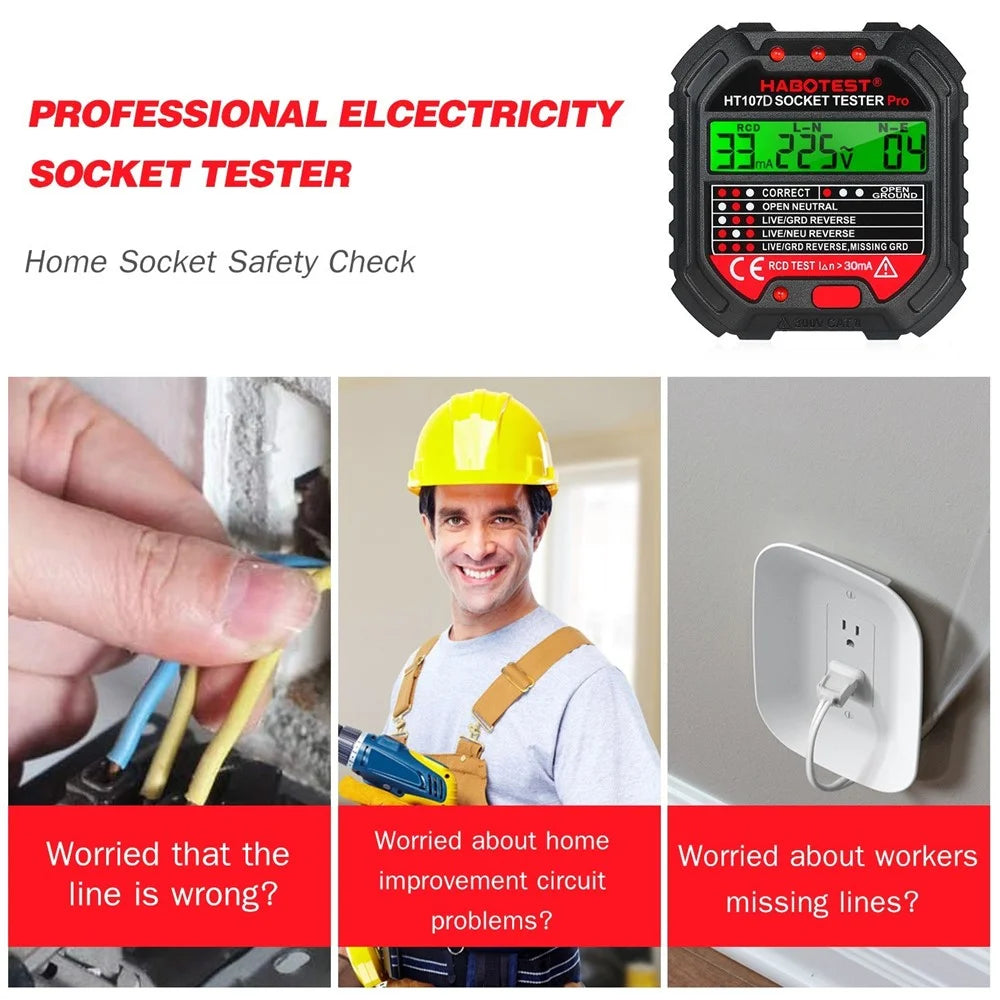 HABOTEST GFCI HT107D Outlet Tester with Voltage Display 90-250V Socket Tester Automatic Electric Circuit Polarity Voltage Detector Breaker Finder - EU Plug - 5