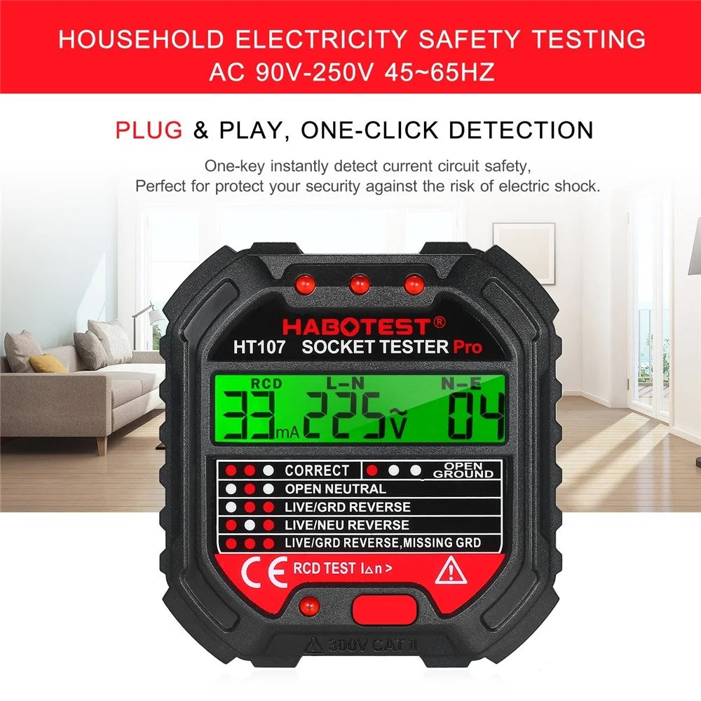HABOTEST GFCI HT107D Outlet Tester with Voltage Display 90-250V Socket Tester Automatic Electric Circuit Polarity Voltage Detector Breaker Finder - EU Plug - 6