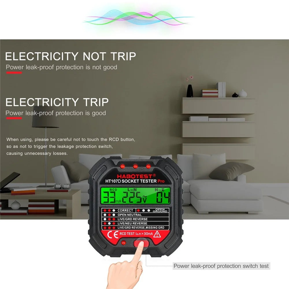 HABOTEST GFCI HT107D Outlet Tester with Voltage Display 90-250V Socket Tester Automatic Electric Circuit Polarity Voltage Detector Breaker Finder - EU Plug - 7