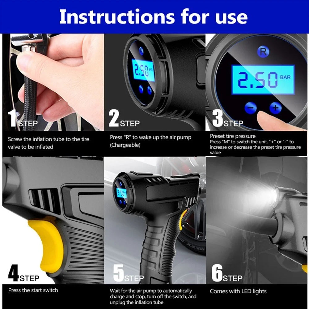 120W Wireless Car Air Compressor Handheld Tire Inflator USB Rechargeable Digital Display Inflatable Pump Pressure Gauge - 7