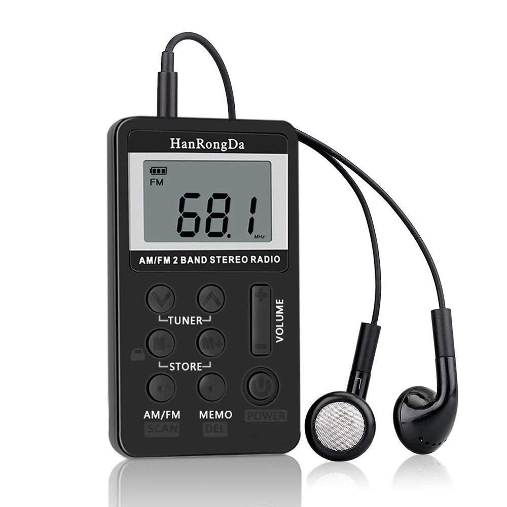 HanRongDa HRD-103 Portable AM FM Digital Radio Rechargeable LCD Screen 2 Band Stereo Receiver Pocket Radio with Earphone and Lanyard - Black - 1