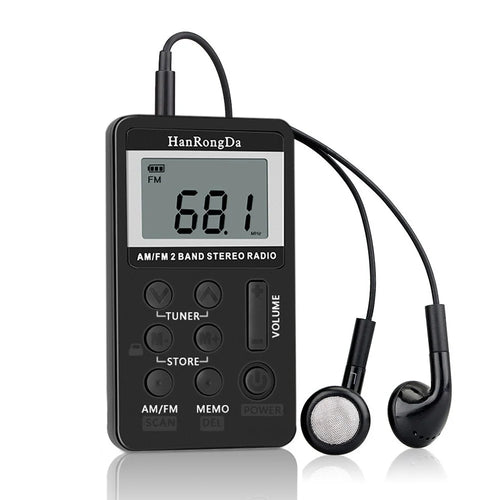HanRongDa HRD-103 Portable AM FM Digital Radio Rechargeable LCD Screen 2 Band Stereo Receiver Pocket Radio with Earphone and Lanyard - Black - 1