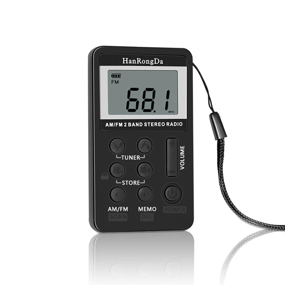 HanRongDa HRD-103 Portable AM FM Digital Radio Rechargeable LCD Screen 2 Band Stereo Receiver Pocket Radio with Earphone and Lanyard - Black - 5