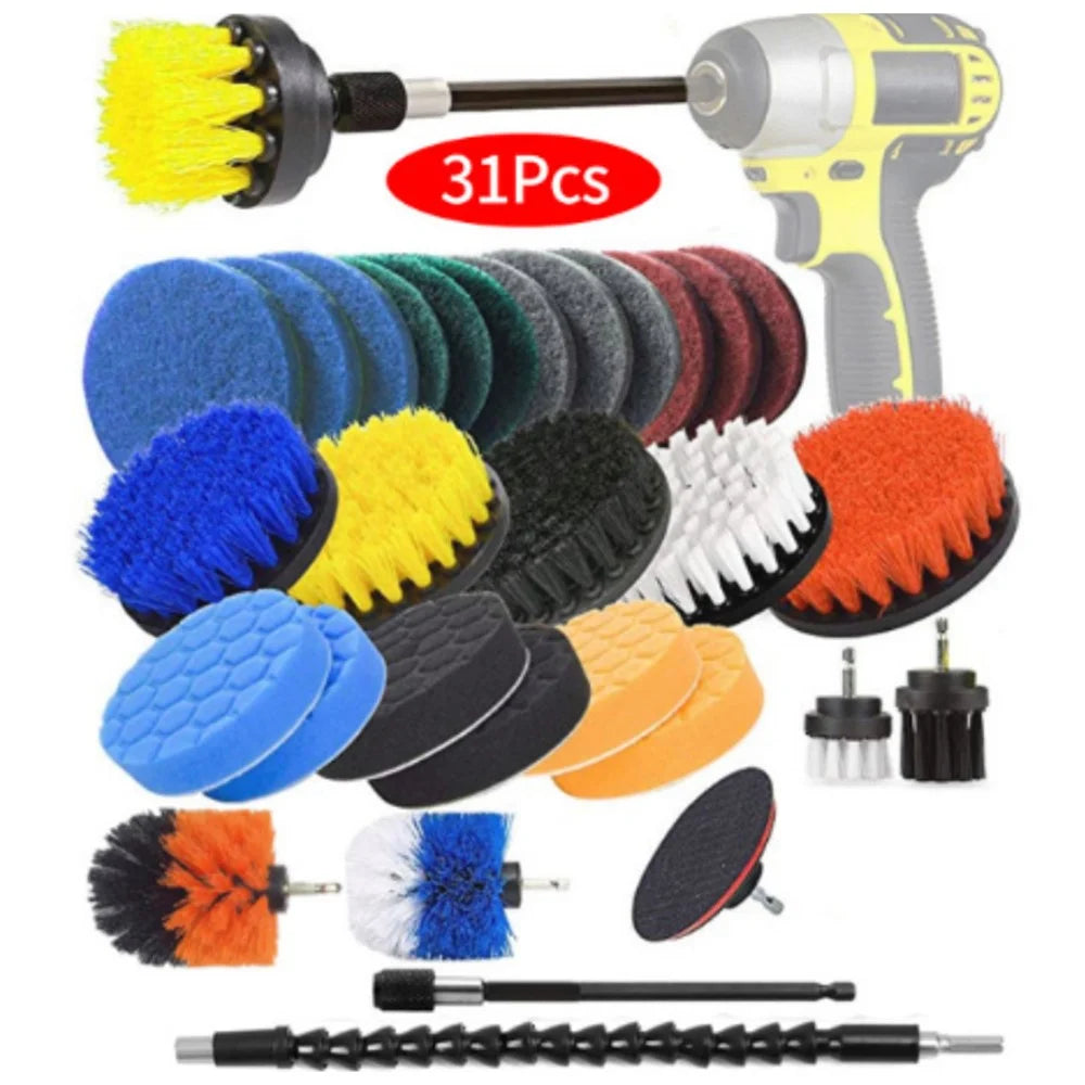 31Pcs/Set Electric Drill Brush Include Clean Cloth Scrub Pads Sponge Power Scrubber Brush with Rotate Extend Long Attachment Clean Tool - 1