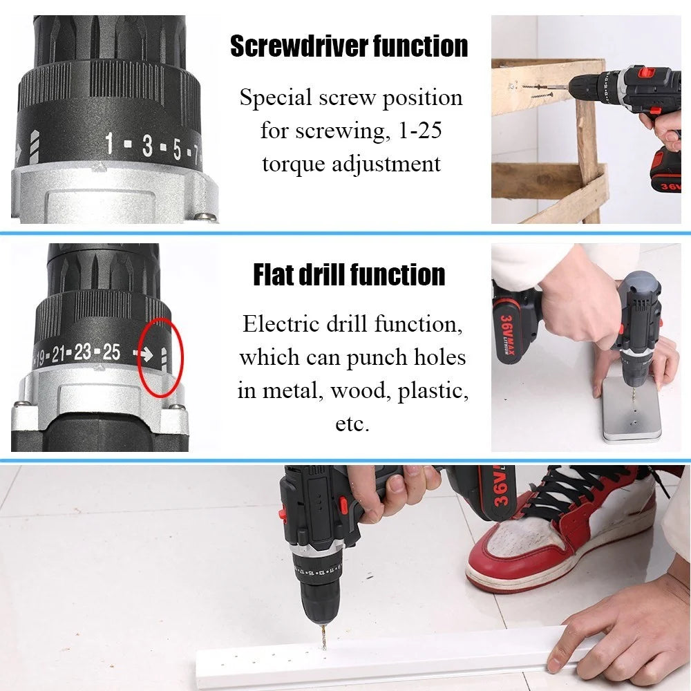 36V Multifunctional Electric Impact Cordless Drill High-power Lithium Battery Wireless Rechargeable Hand Drills Home DIY Electric Power Tools - EU Plug/1 Battery - 4