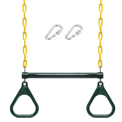 Trapeze Swing Bar and Rings Heavy Duty Swing Set with 47'' Plastic Coated Chains and Carabiners for Outdoor Playground - Green - 1