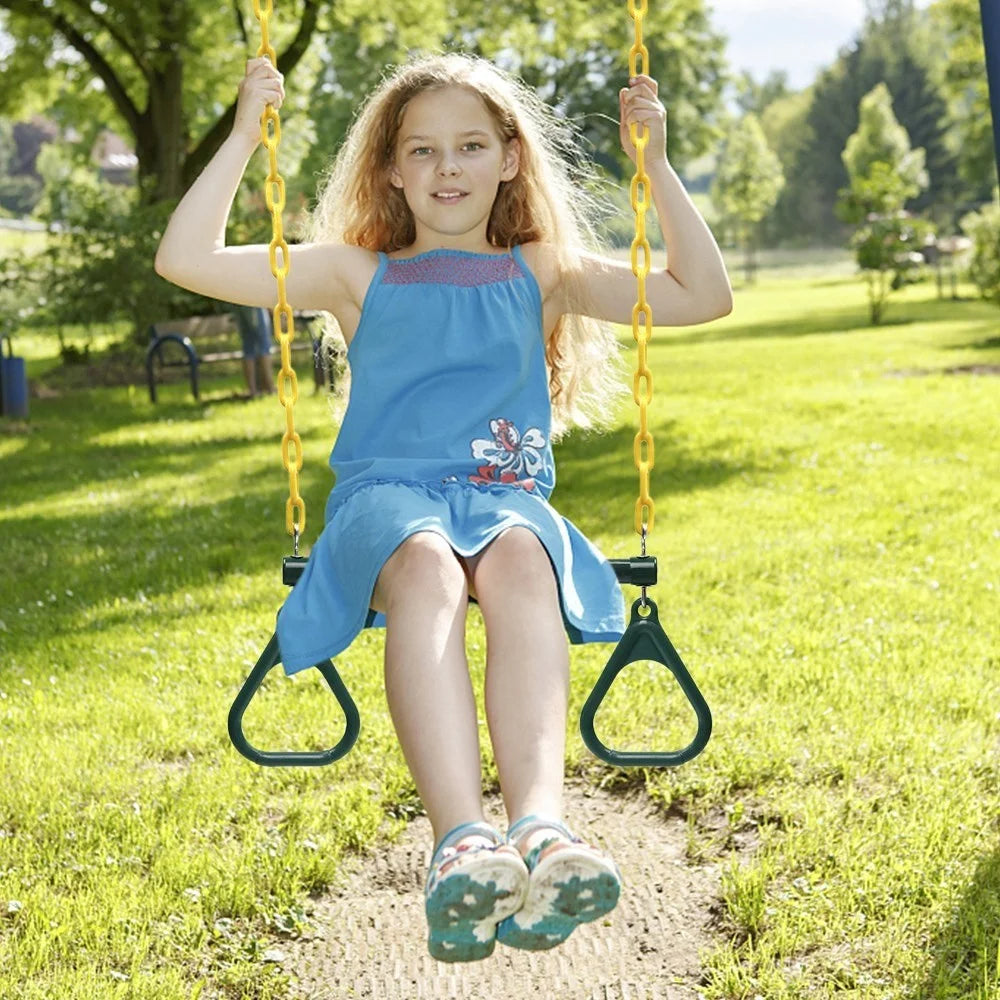 Trapeze Swing Bar and Rings Heavy Duty Swing Set with 47'' Plastic Coated Chains and Carabiners for Outdoor Playground - Green - 3