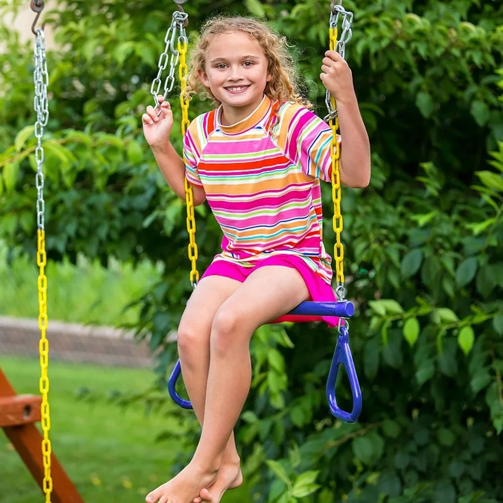 Trapeze Swing Bar and Rings Heavy Duty Swing Set with 47'' Plastic Coated Chains and Carabiners for Outdoor Playground - Green - 5