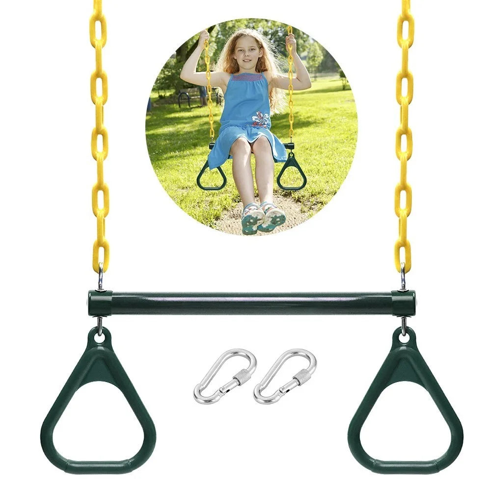 Trapeze Swing Bar and Rings Heavy Duty Swing Set with 47'' Plastic Coated Chains and Carabiners for Outdoor Playground - Green - 7